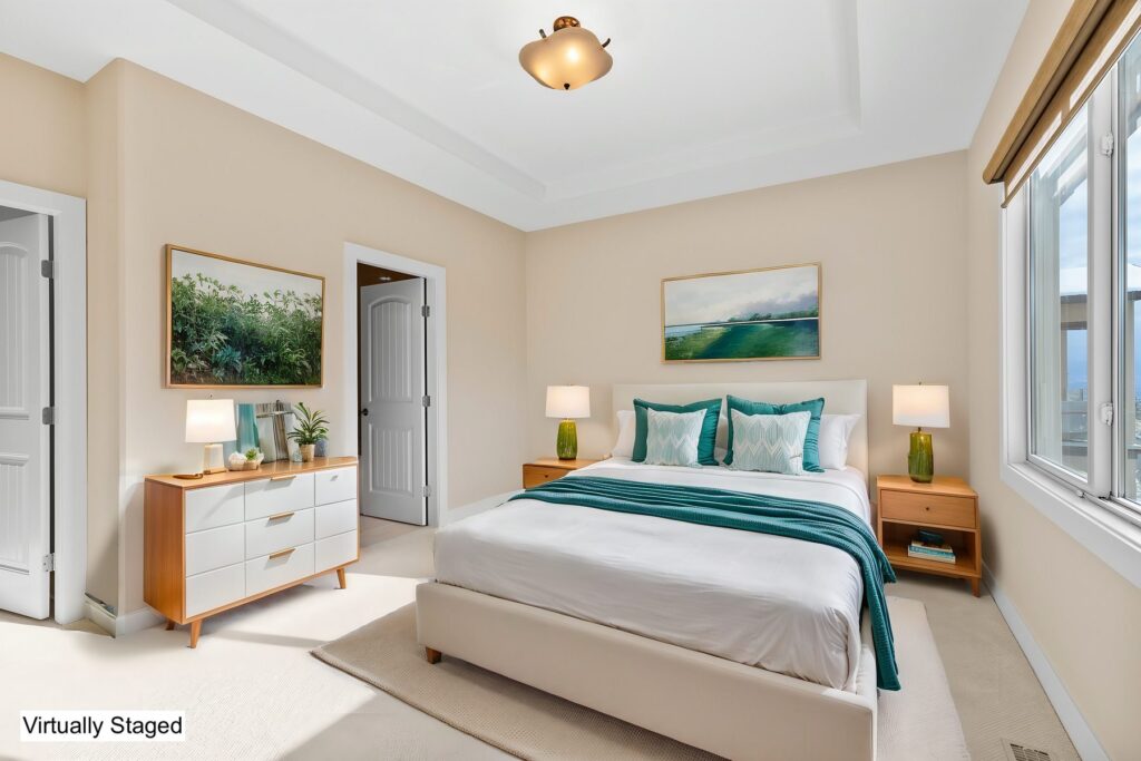The same bedroom shown with a bed, side tables, lamps and artwork added digitally; the image carries a Virtually Staged label.